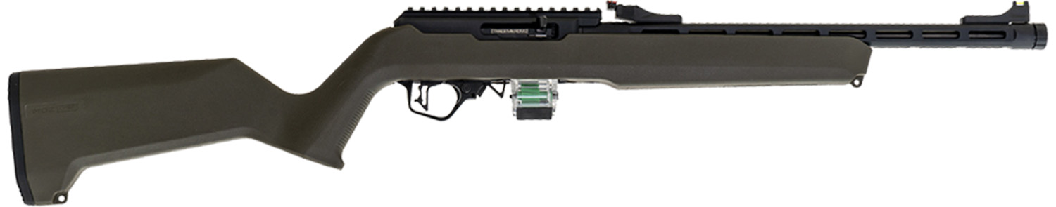 Olive green semi-automatic rifle on white background