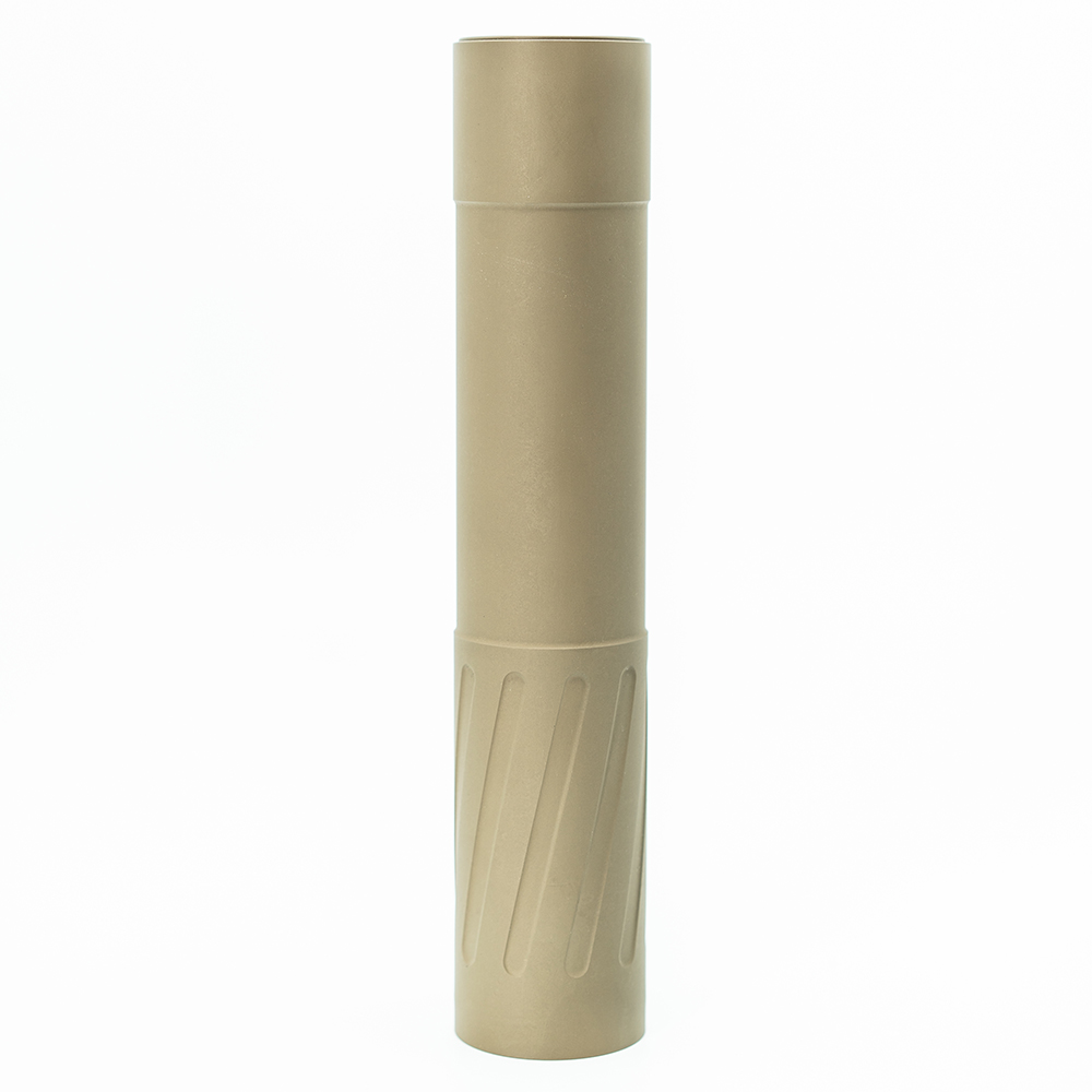 Tan cylindrical firearm suppressor on white background