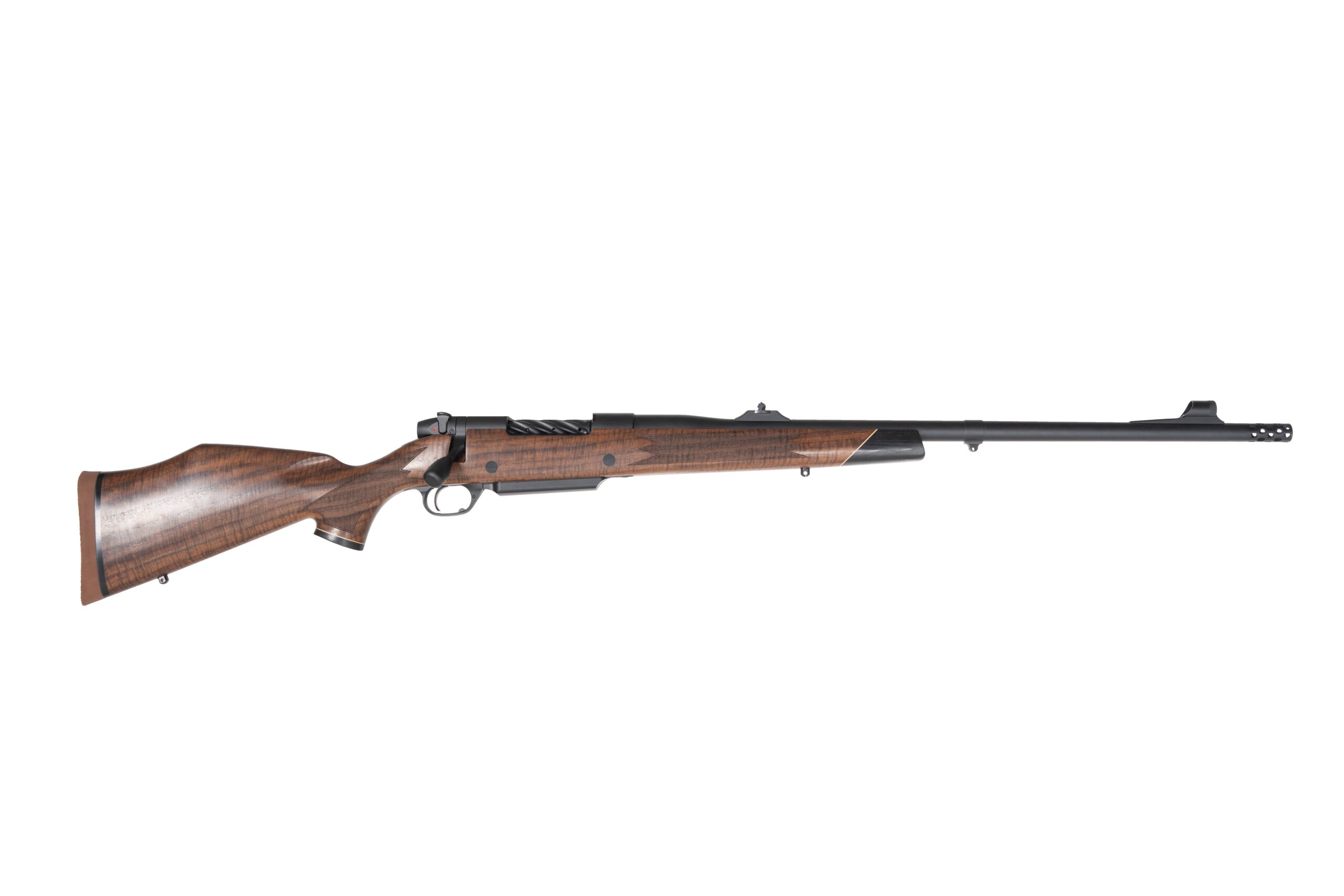 Bolt-action rifle with wooden stock on white background