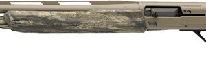 Camouflage pump-action shotgun on white background