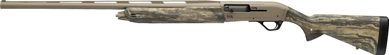 Camouflage pump-action shotgun on white background