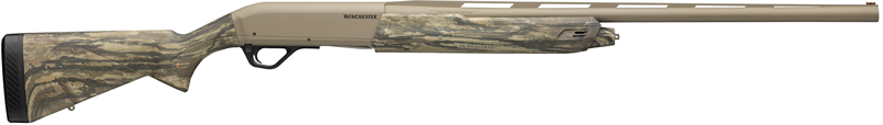 Camouflage-patterned hunting shotgun isolated on white background