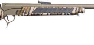 Camouflage bolt-action hunting rifle with long barrel