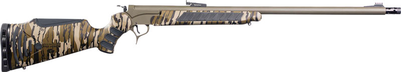 Camouflage bolt-action hunting rifle with long barrel