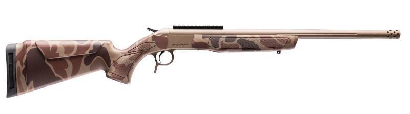 Camouflage-patterned shotgun on white background