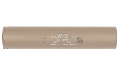 Tan cylindrical firearm suppressor with engraved markings
