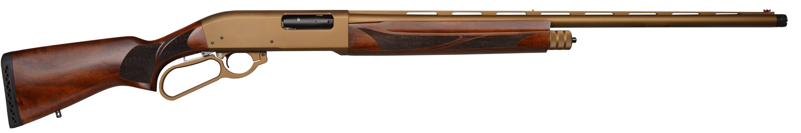 Lever-action rifle with wooden stock and brass receiver