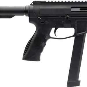 Compact black AR-style pistol with extended magazine