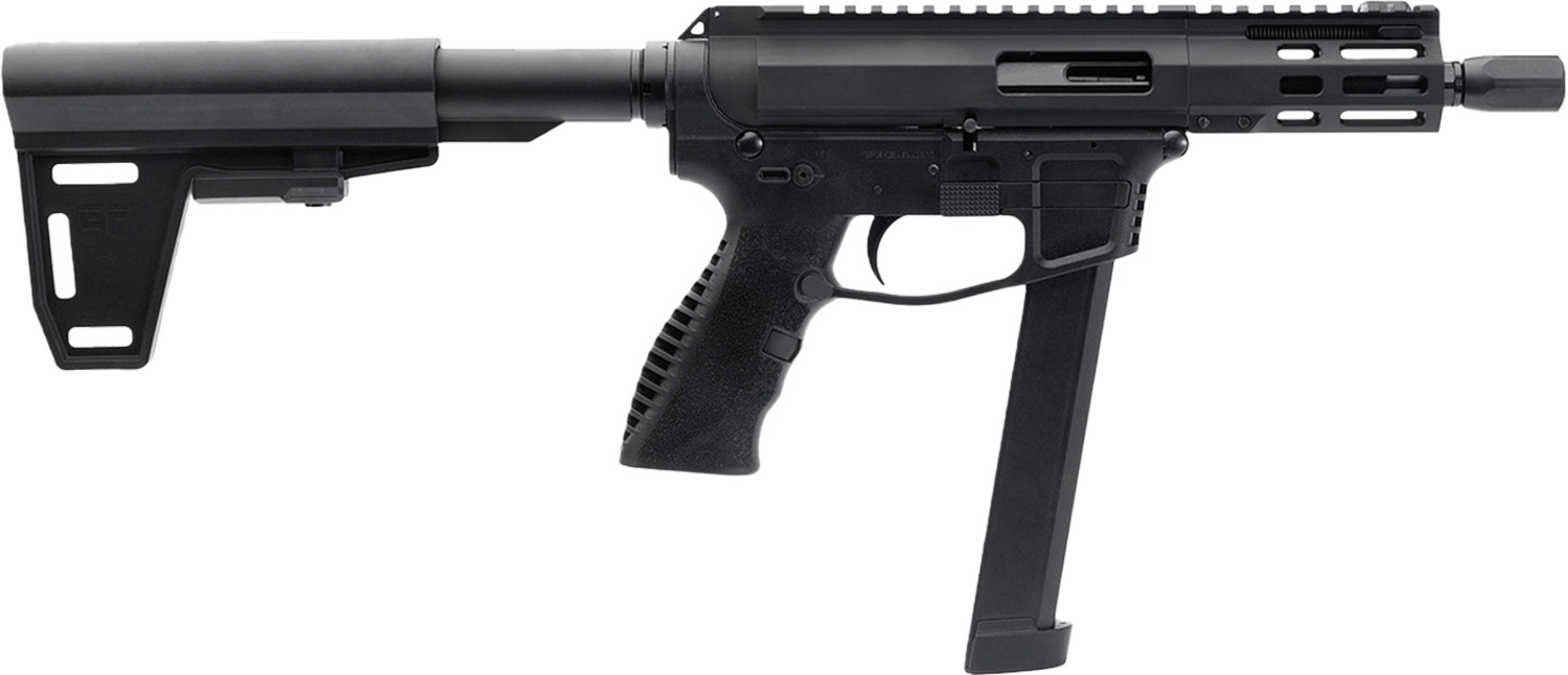 Compact black AR-style pistol with extended magazine