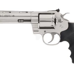 Silver revolver with black grip on white background
