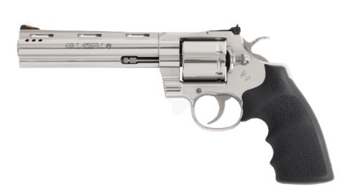 Silver revolver with black grip on white background