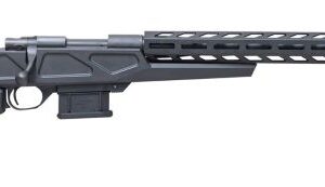 Modern black bolt-action rifle on white background