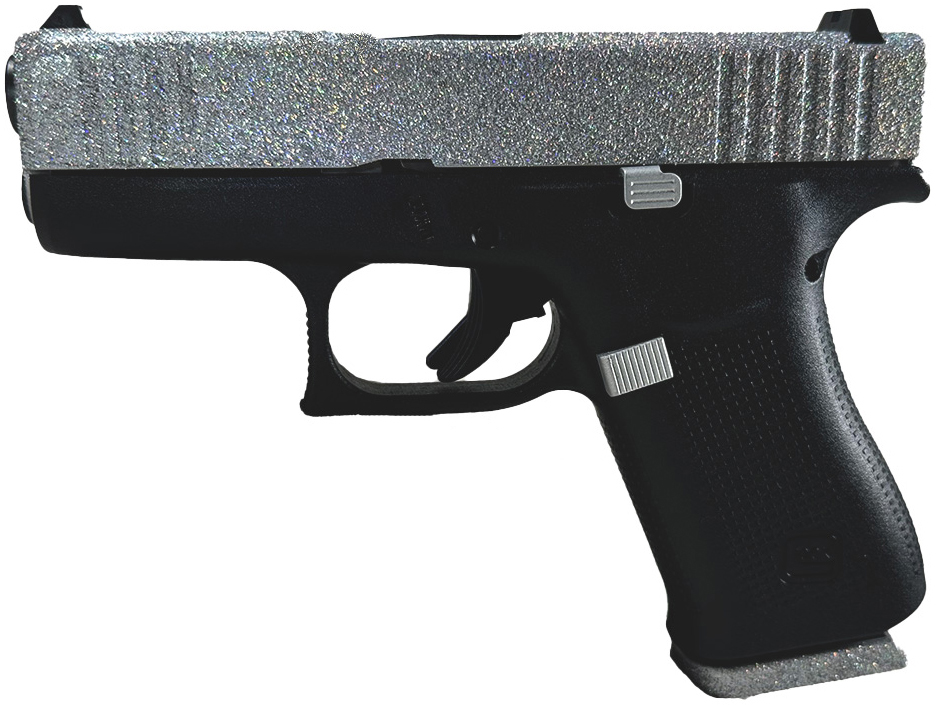 Black handgun with glittery silver slide