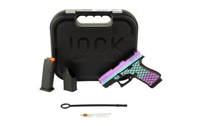 Colorful handgun with case, magazine, and cleaning tools