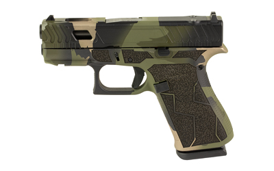 Green camouflage semi-automatic handgun on white background