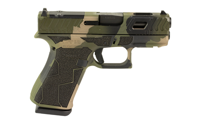 Camouflage semi-automatic handgun on white background