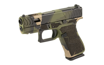 Olive green semi-automatic handgun on white background