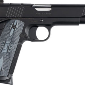 Black semi-automatic pistol on white background
