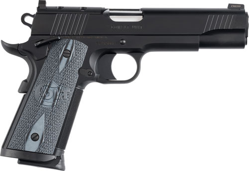 Black semi-automatic pistol on white background
