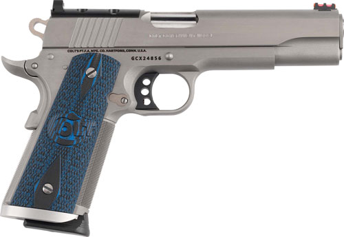 Silver semi-automatic pistol with blue textured grip