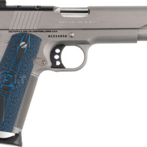 Silver semi-automatic pistol with blue textured grip
