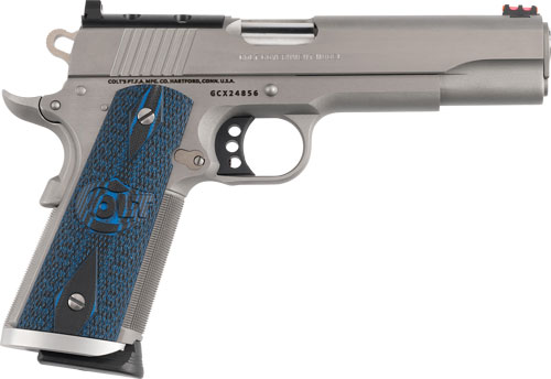 Silver semi-automatic pistol with blue textured grip