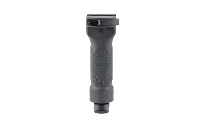 Black cylindrical tactical flashlight on white background