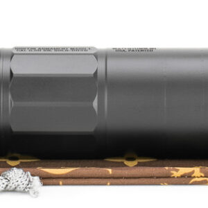 Black firearm suppressor with muzzle device and pouch