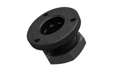 Black metal threaded flange with bolt holes