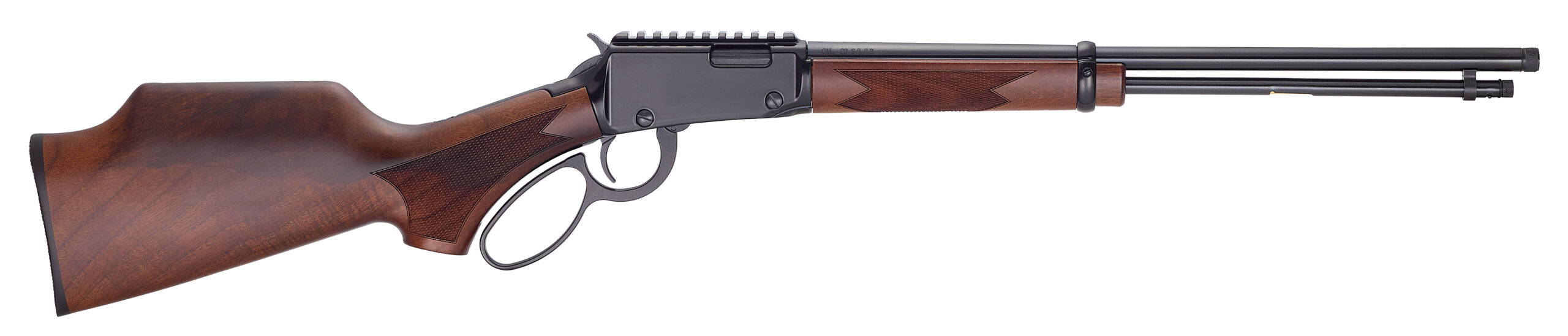 Lever-action rifle with wooden stock on white background