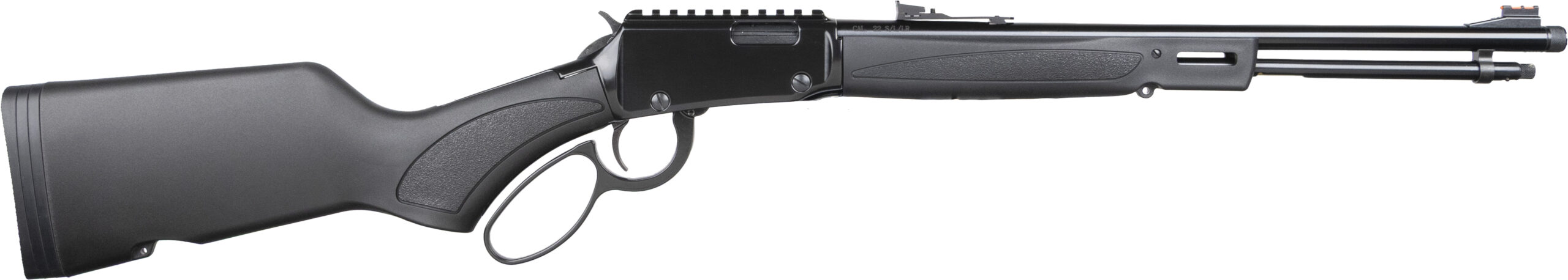 Black lever-action rifle on white background
