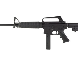 Black assault-style rifle with extended magazine
