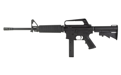 Black assault-style rifle with extended magazine