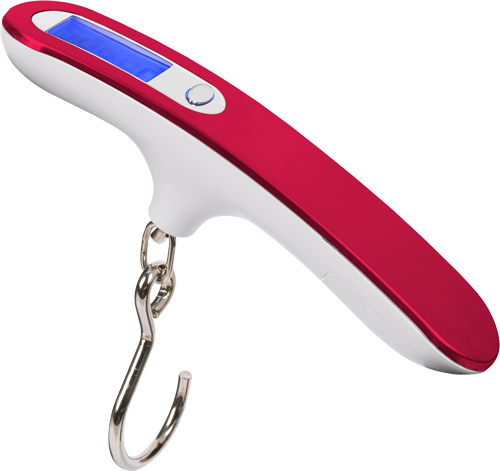 Red digital hanging luggage scale with hook