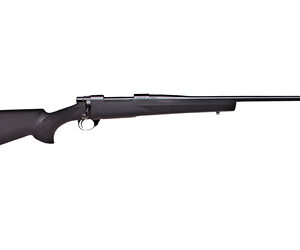 Black bolt-action rifle on white background