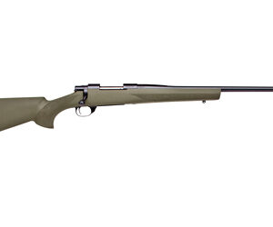 Bolt-action rifle with synthetic stock on white background