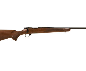 Wooden bolt-action rifle on white background