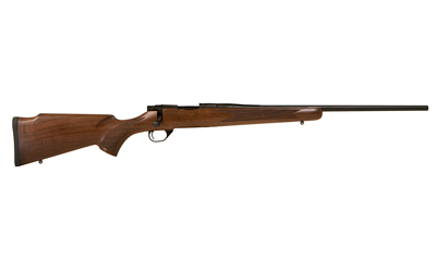 Wooden bolt-action rifle on white background