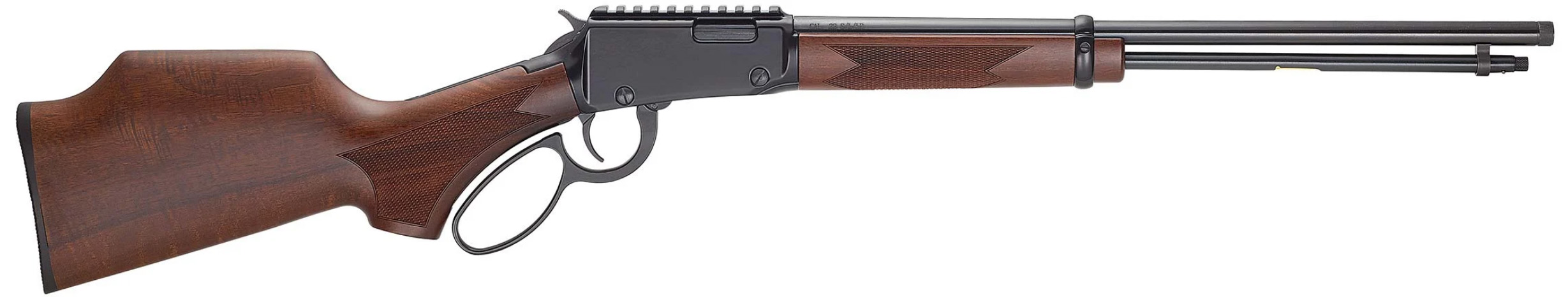 Lever-action rifle with wooden stock and long barrel