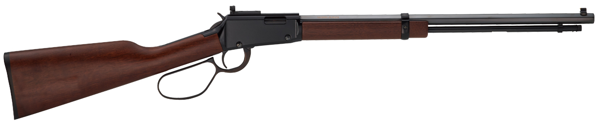 Lever-action rifle with wooden stock on white background