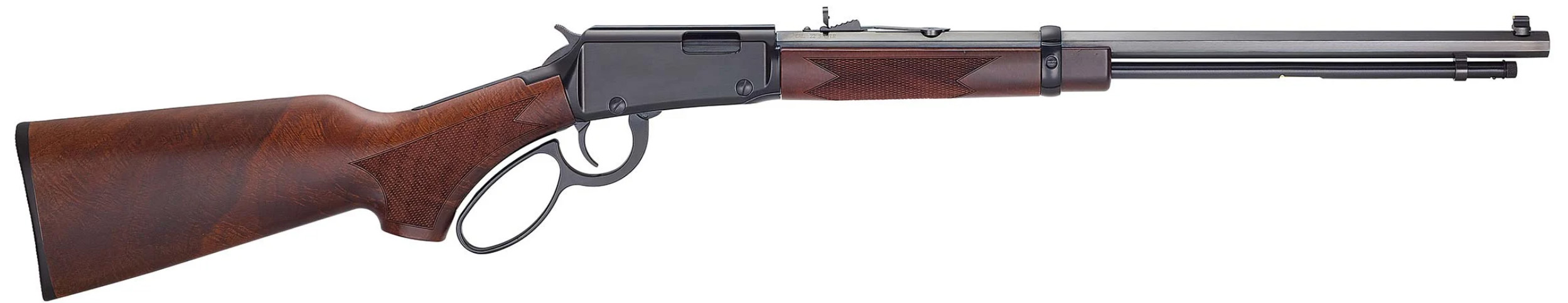 Lever-action rifle with wooden stock and long barrel