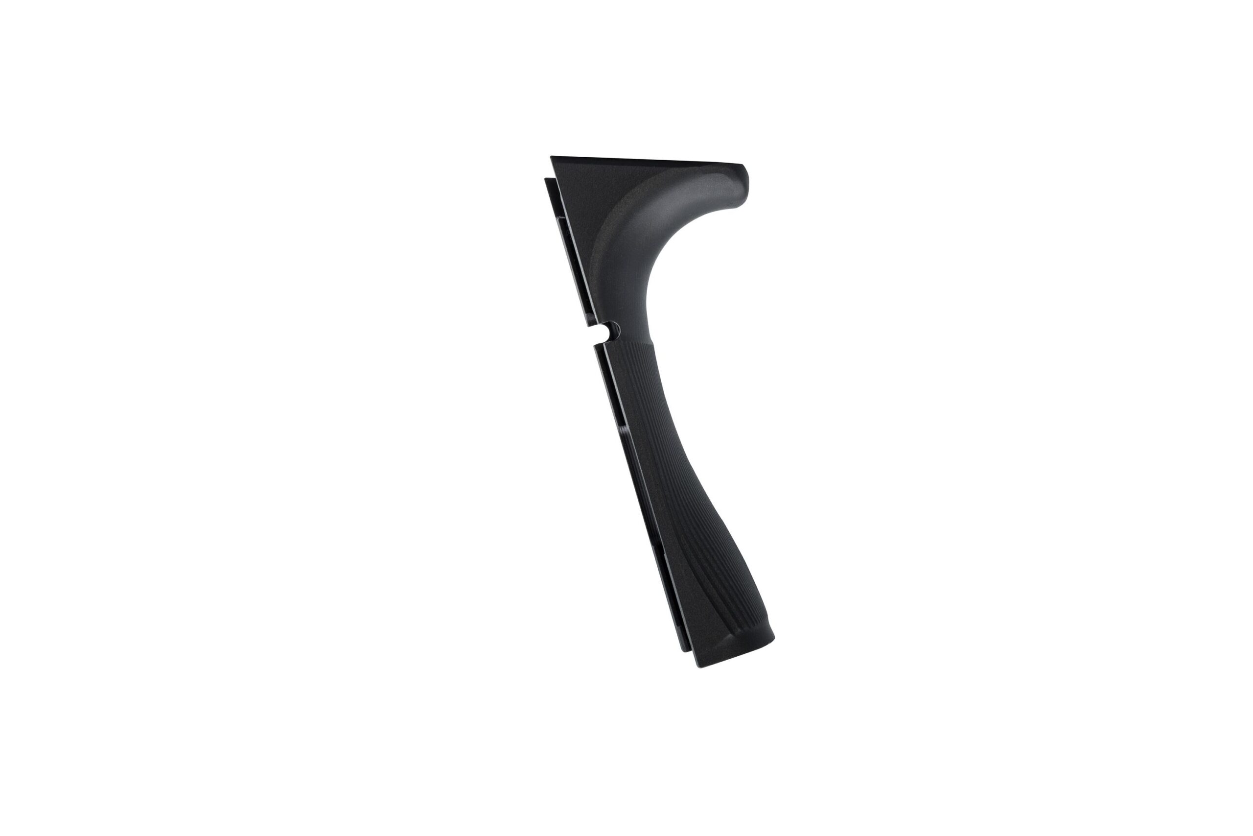 Black handheld ice scraper on white background