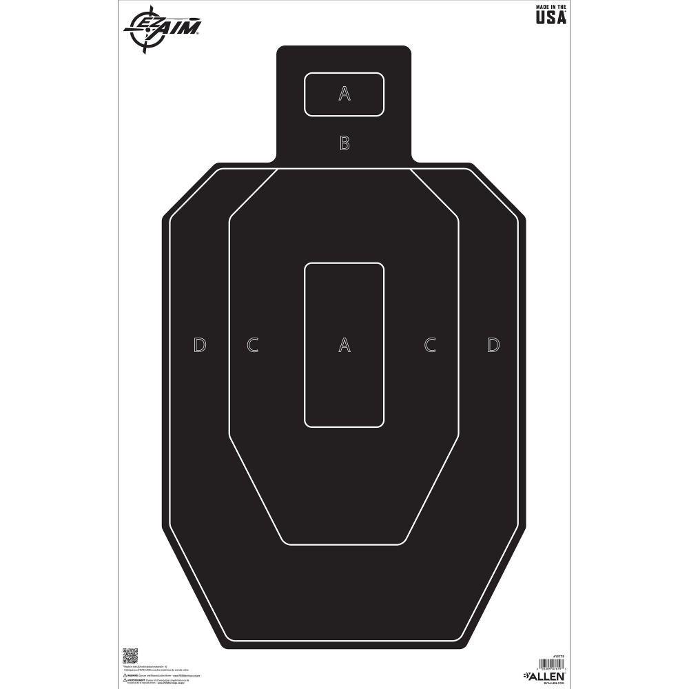 Black silhouette shooting target with labeled zones
