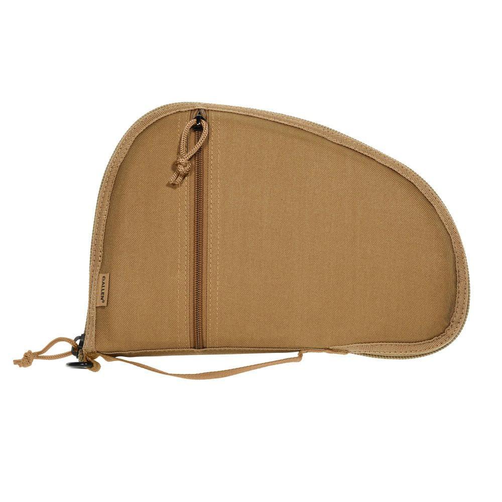 Tan zippered handgun soft case on white background