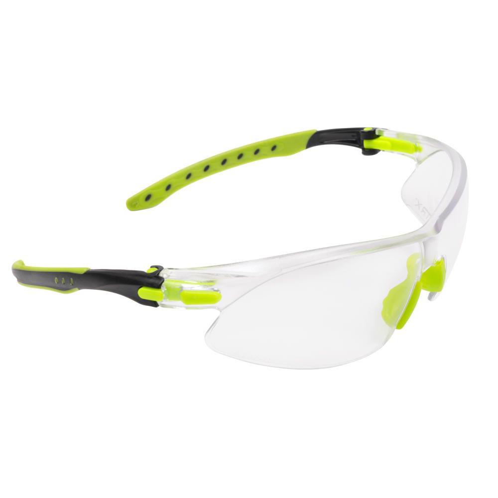 Clear safety glasses with neon green accents