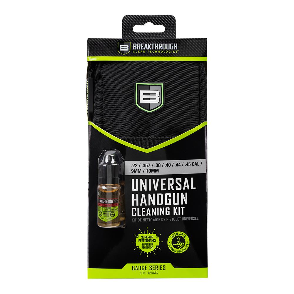 Universal handgun cleaning kit in retail packaging