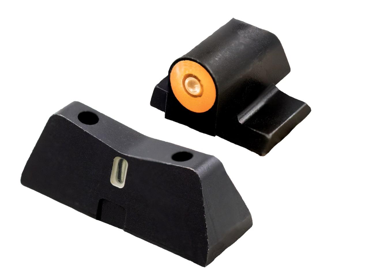 Black pistol front and rear iron sights