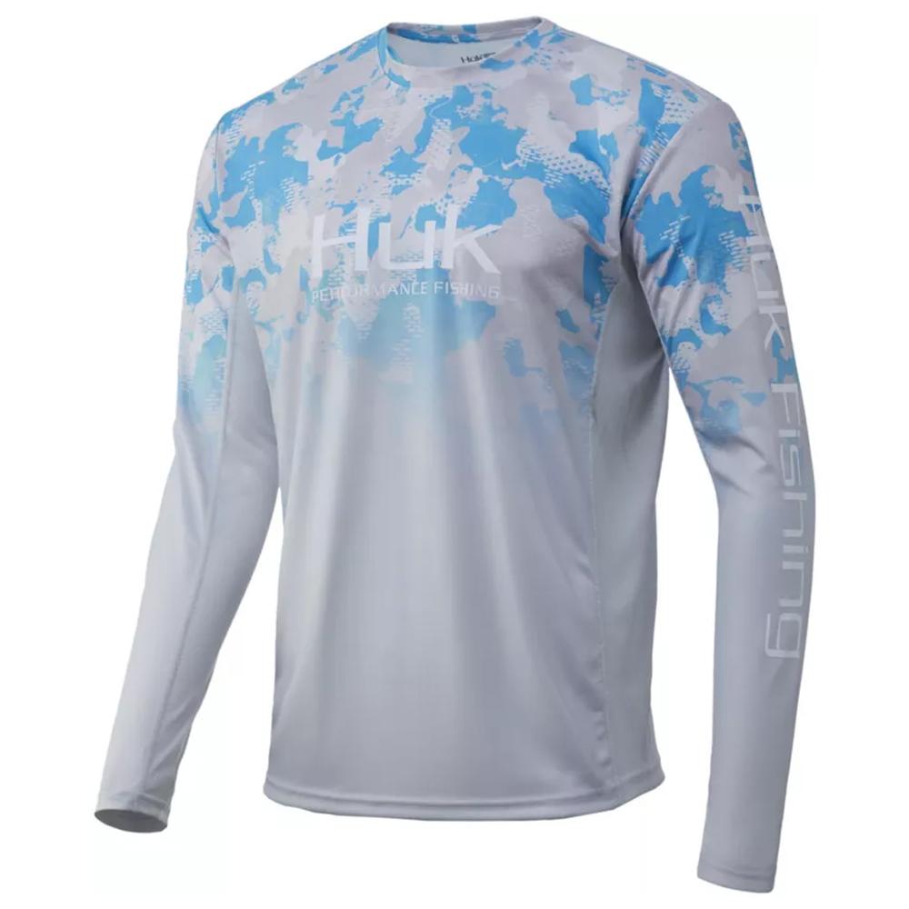 Gray and blue camo long-sleeve fishing shirt