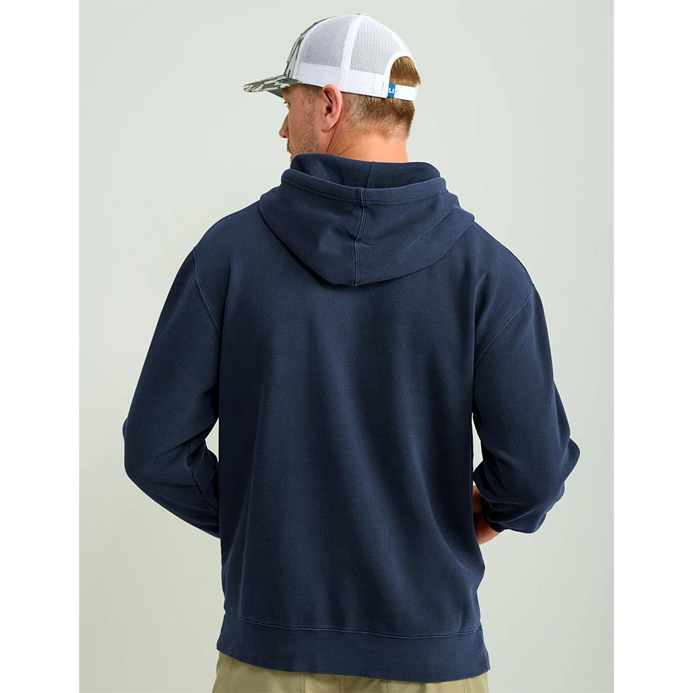 Man wearing navy hoodie and white cap
