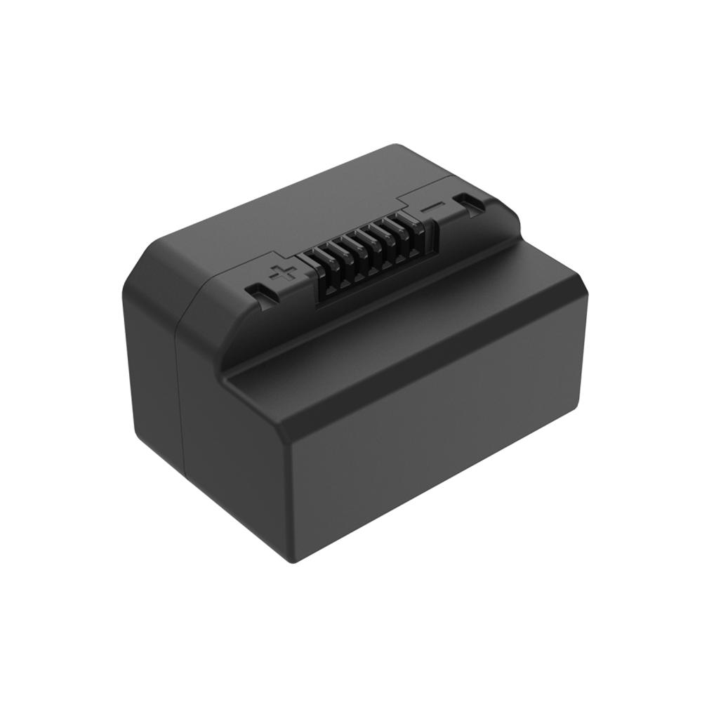 Black rechargeable lithium-ion battery pack with connector terminals